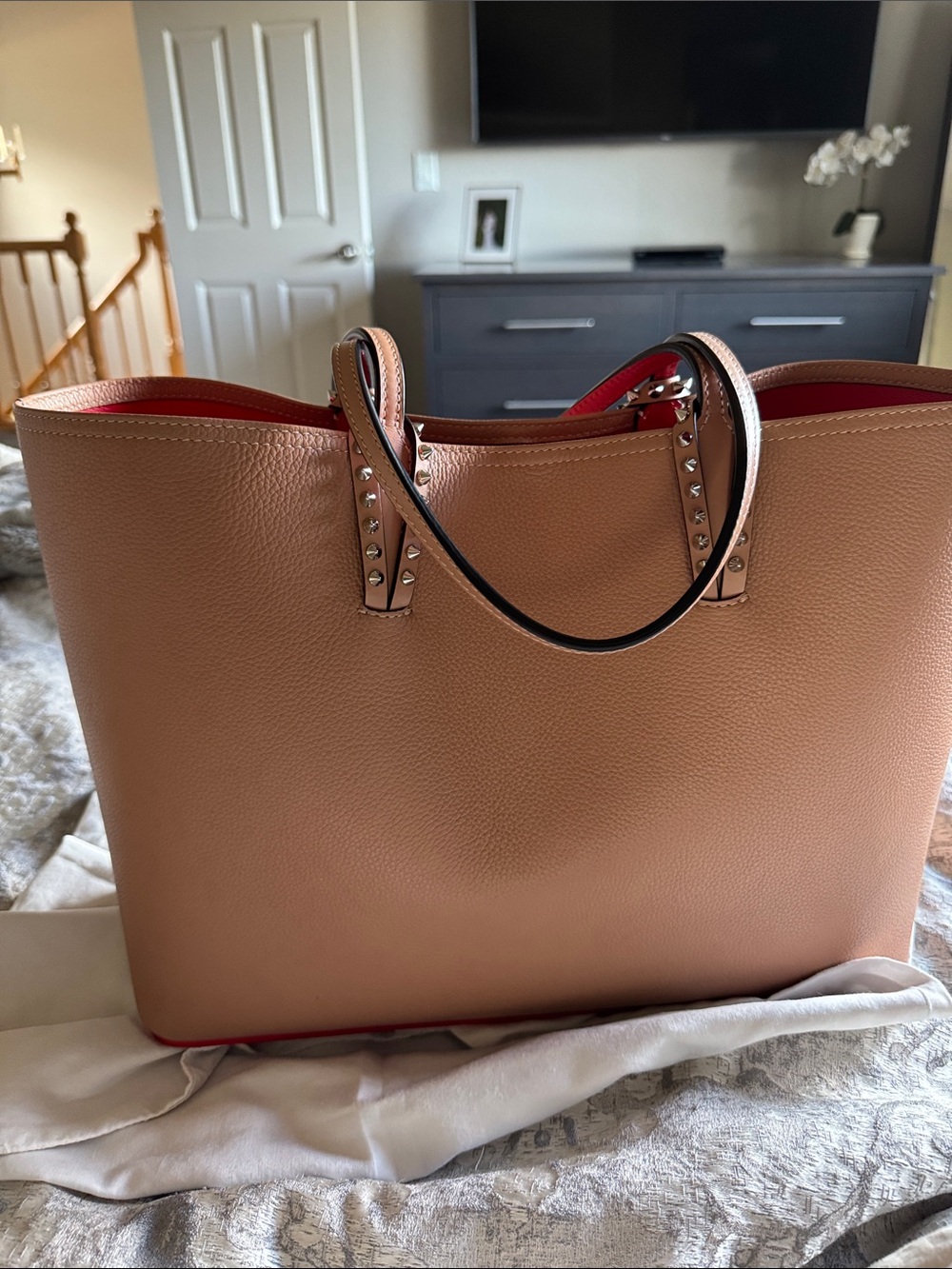 Christian Louboutin Blush Pebbled Leather Tote with Red interior